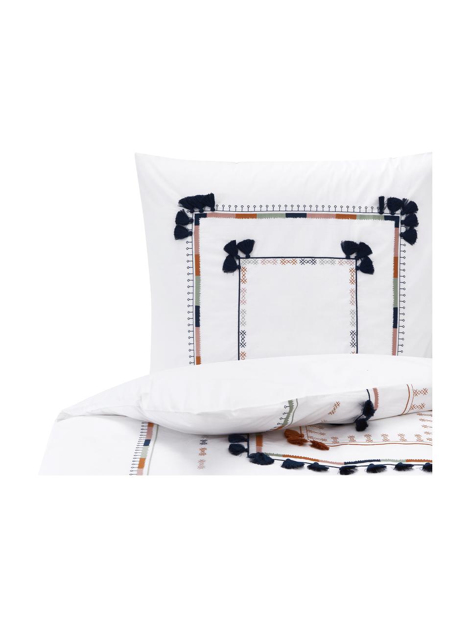 Vyšívaná posteľná bielizeň z bavlneného perkálu Inda, Biela, béžová, čierna, 155 x 220 cm + 1 vankúš 80 x 80 cm
