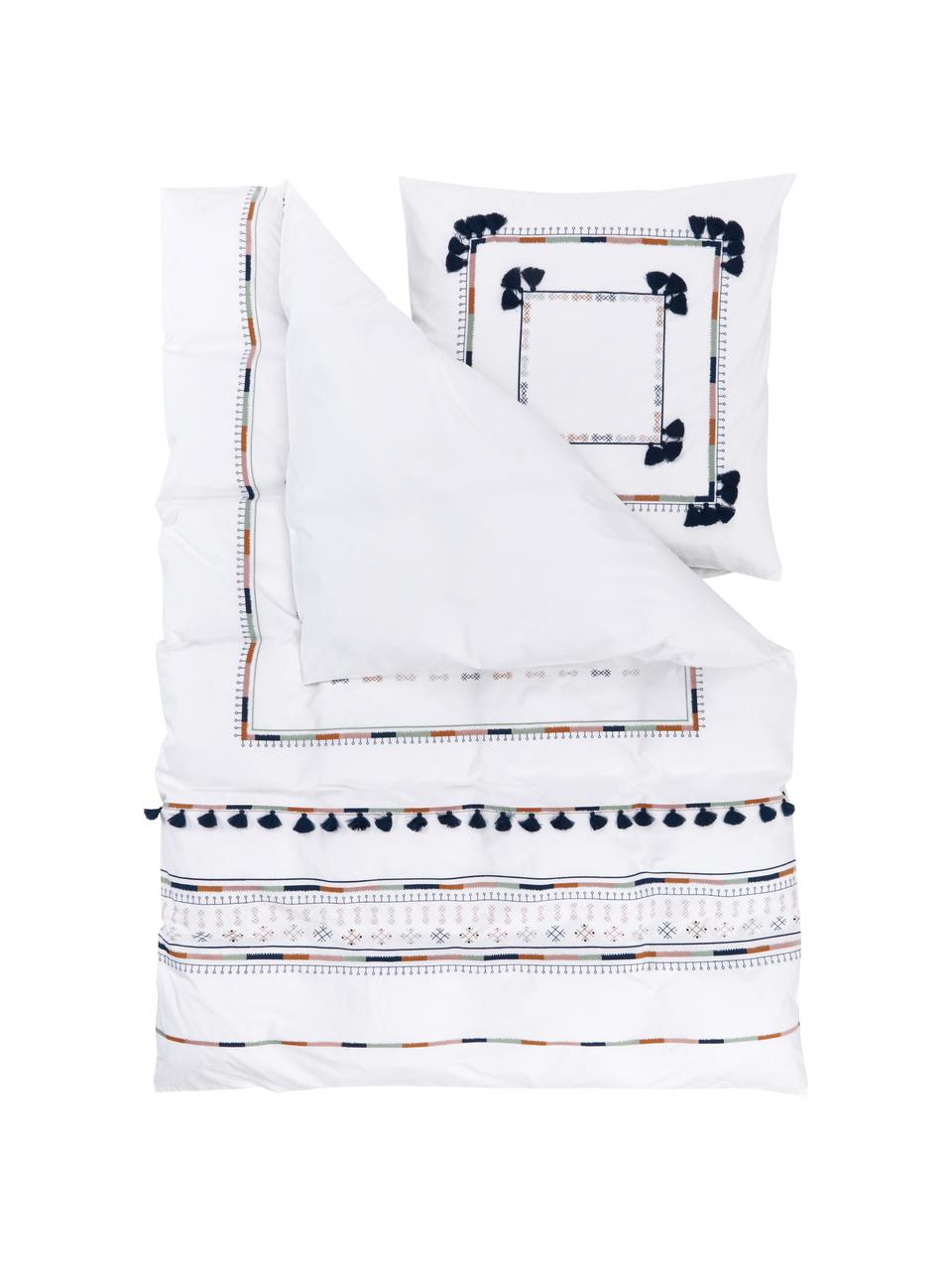 Vyšívaná posteľná bielizeň z bavlneného perkálu Inda, Biela, béžová, čierna, 155 x 220 cm + 1 vankúš 80 x 80 cm