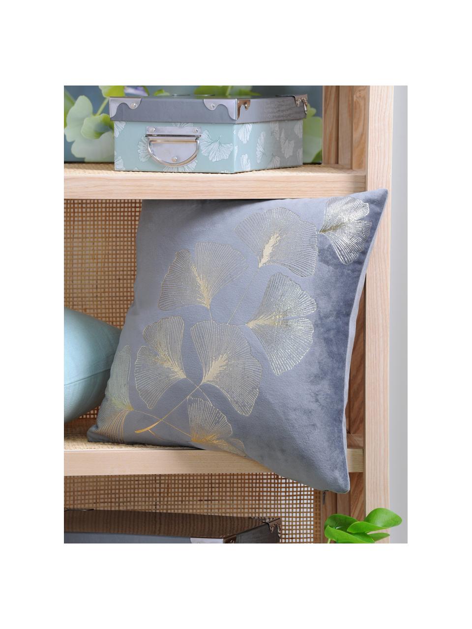 Fluwelen kussen Ginnan met goudkleurig ginkgo print, met vulling, 100% fluweel, Grijs, goudkleurig, B 40 x L 40 cm