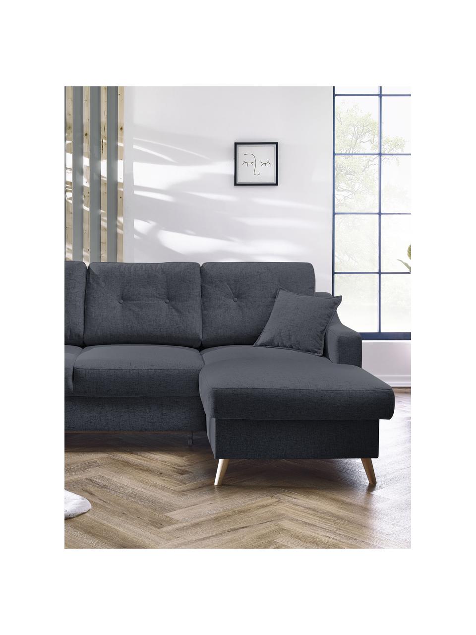 Sofa narożna z funkcją spania i miejscem do przechowywania Sweden, Tapicerka: poliester, Nogi: drewno naturalne, Antracytowy, S 224 x G 149 cm