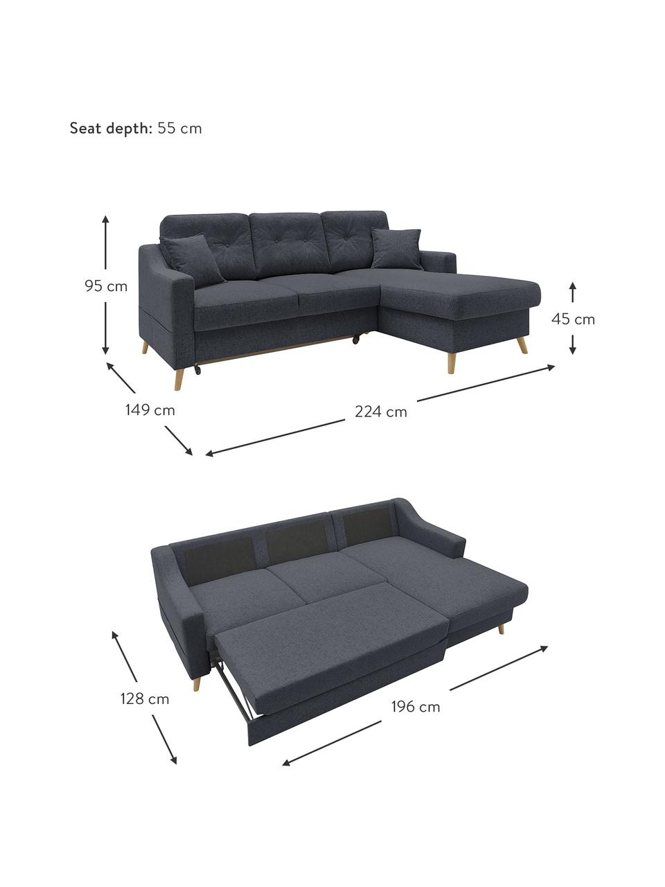 Sofa narożna z funkcją spania i miejscem do przechowywania Sweden, Tapicerka: poliester, Nogi: drewno naturalne, Antracytowy, S 224 x G 149 cm