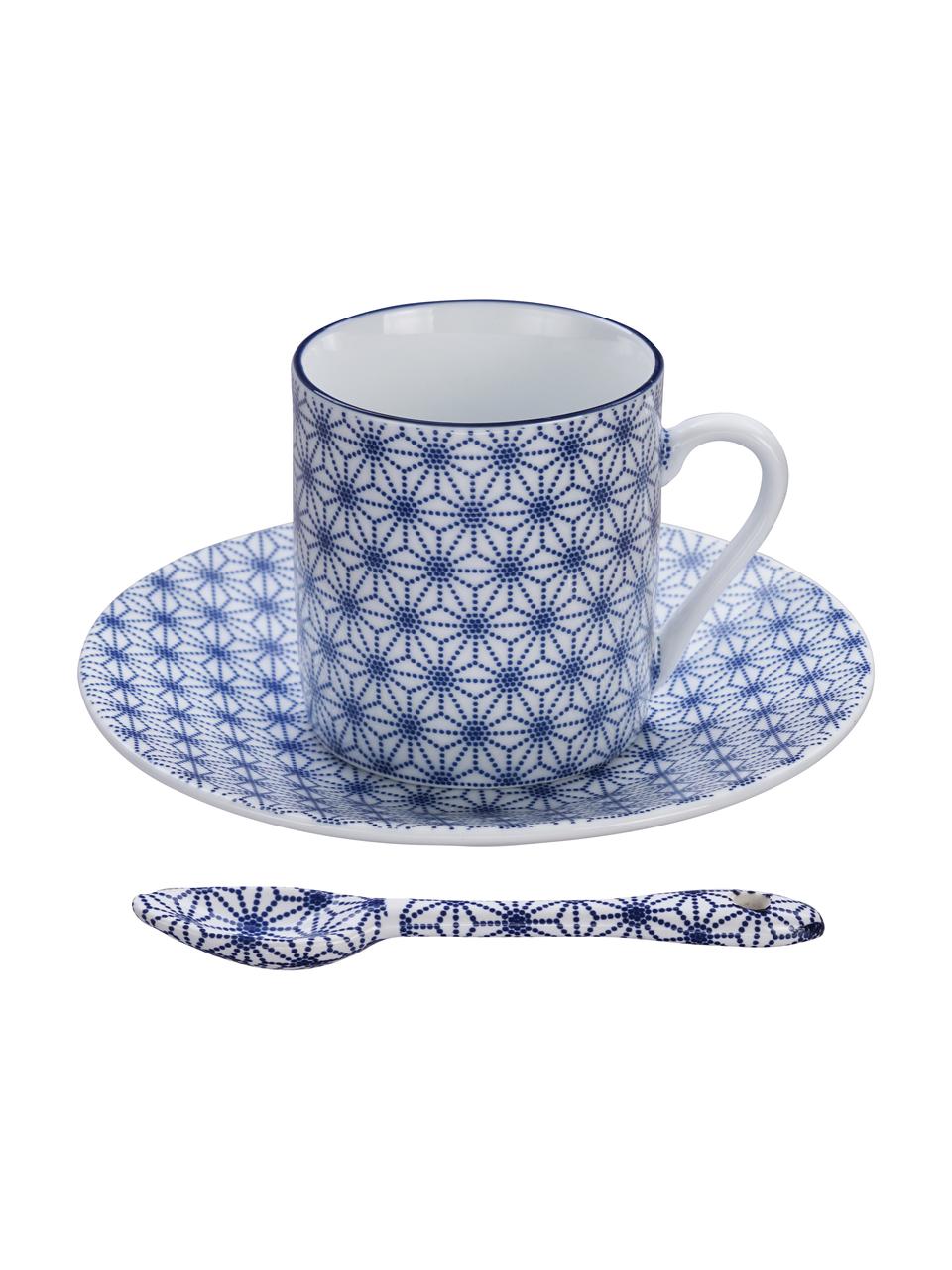 Handgemachte Porzellan-Espressotassen Nippon mit Untertassen und Löffeln in Blau/Weiß, 4-er Set, Porzellan, Blau, Weiß, Set mit verschiedenen Größen