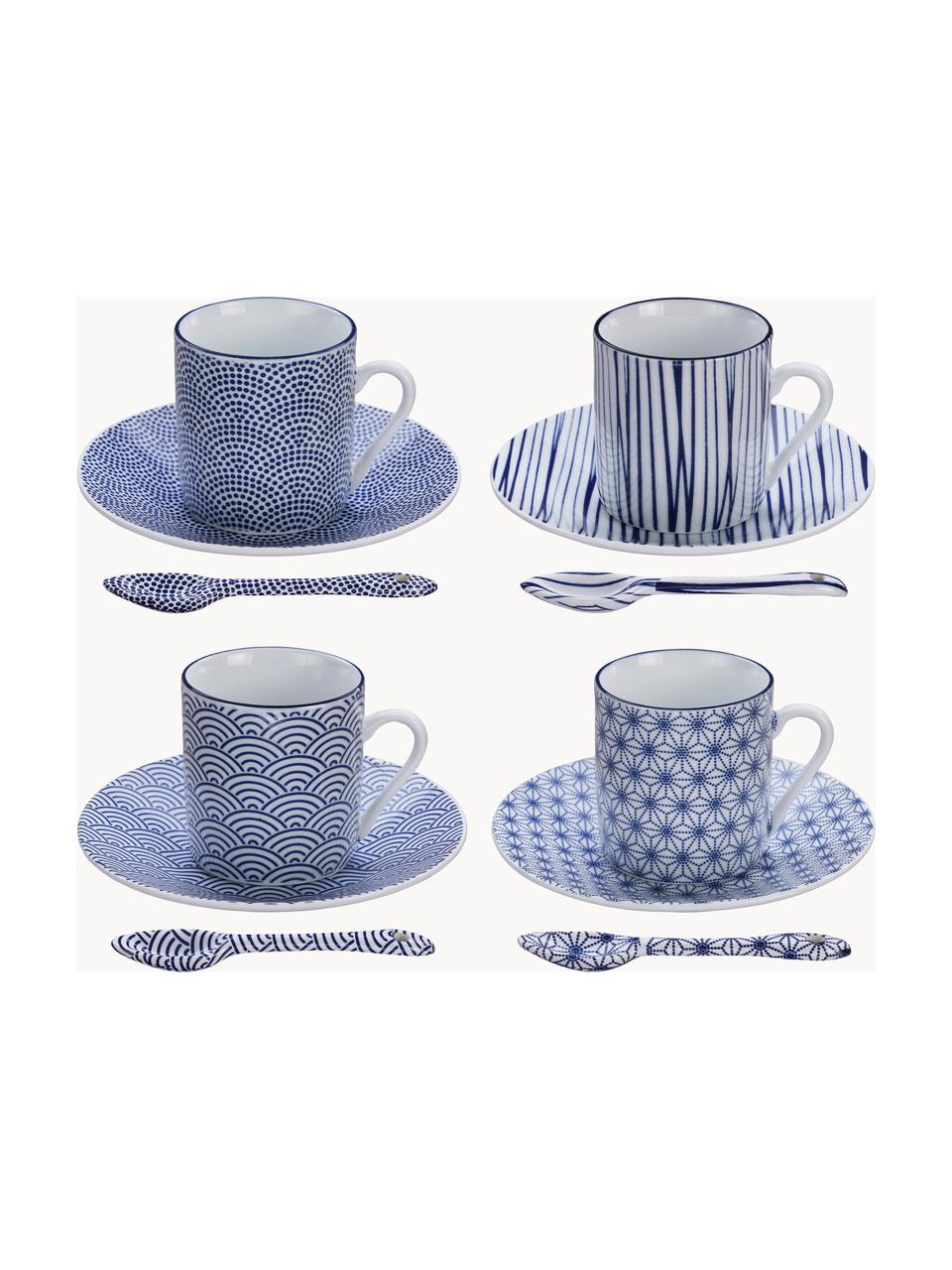 Set de tazas con platitos y cucharita de porcelana Nippon, 4 uds., Porcelana, Azul, blanco, Ø 5 x Al 6 cm, 80 ml