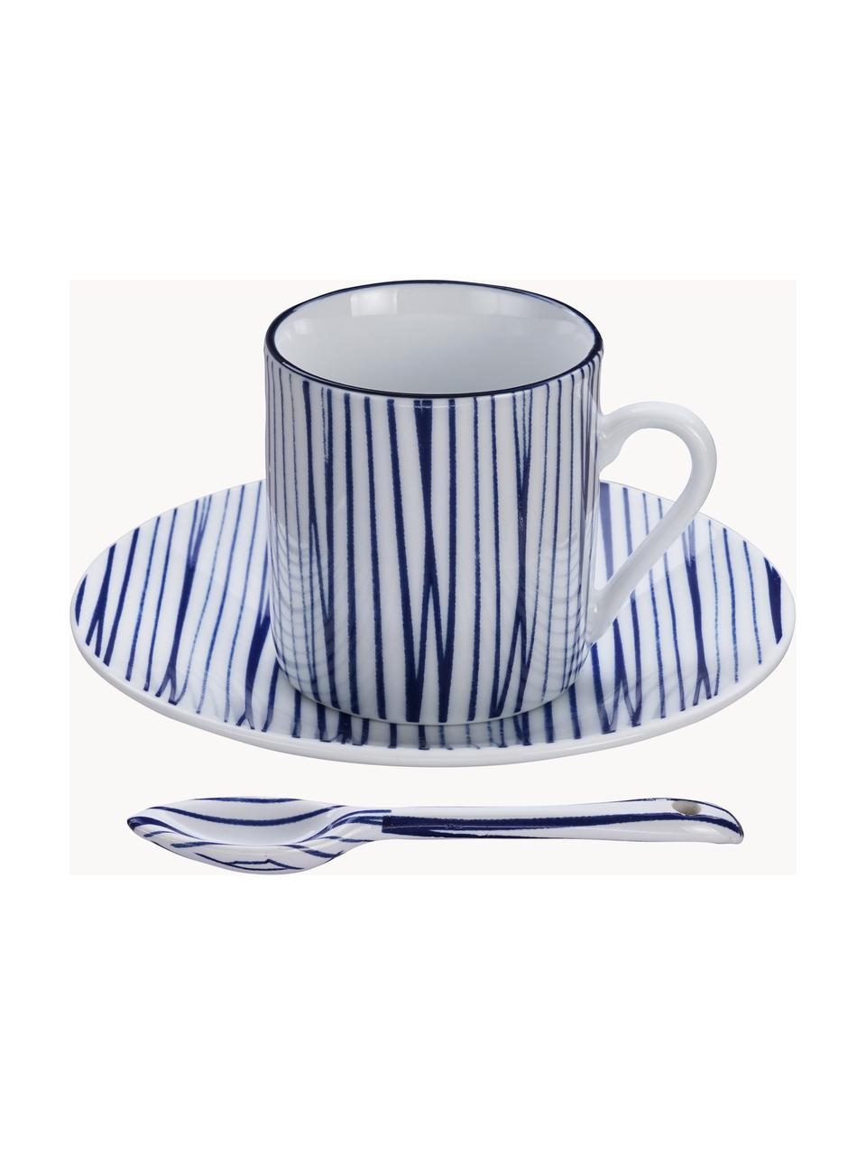 Set de tazas con platitos y cucharita de porcelana Nippon, 4 uds., Porcelana, Azul, blanco, Ø 5 x Al 6 cm, 80 ml