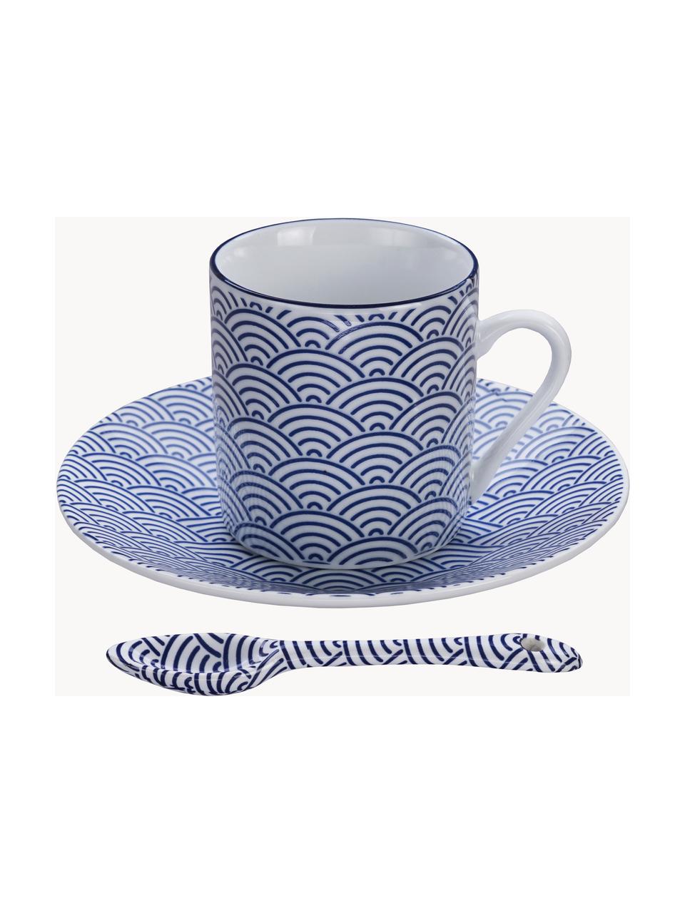 Set de tazas con platitos y cucharita de porcelana Nippon, 4 uds., Porcelana, Azul, blanco, Ø 5 x Al 6 cm, 80 ml