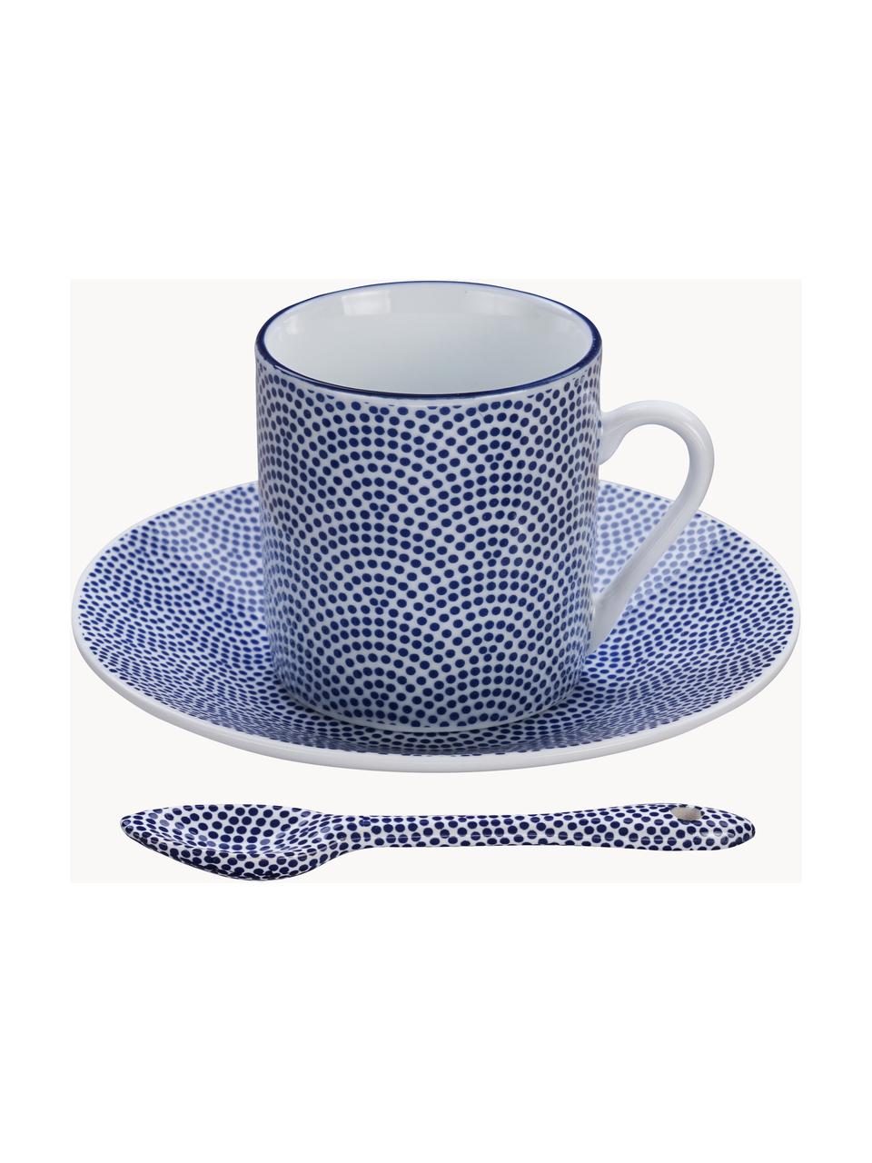 Set de tazas con platitos y cucharita de porcelana Nippon, 4 uds., Porcelana, Azul, blanco, Ø 5 x Al 6 cm, 80 ml