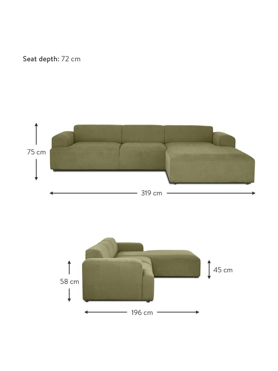 Canapé d'angle 4 places en velours côtelé Melva, Velours côtelé vert, larg. 319 x prof. 196 cm, méridienne à droite