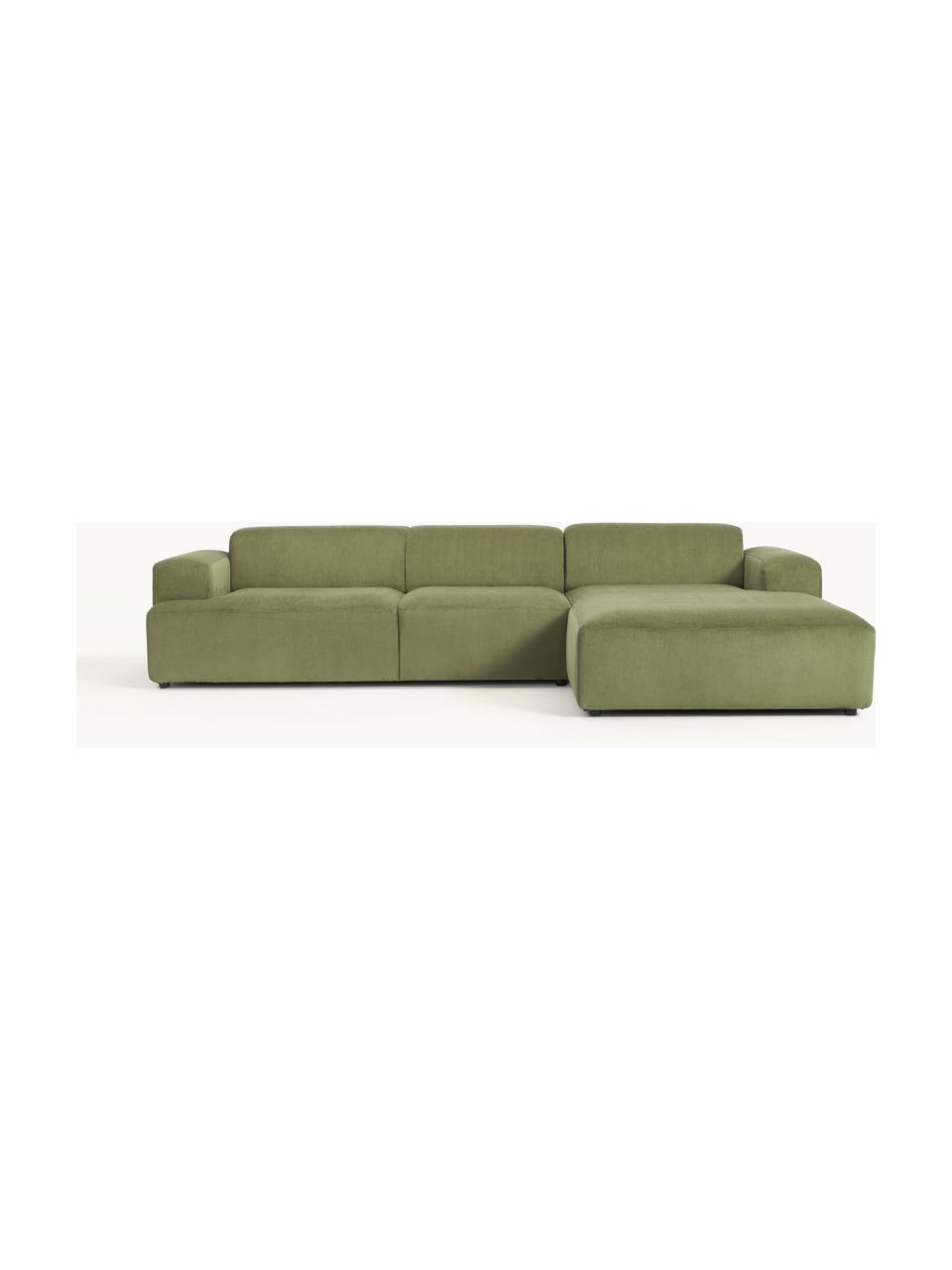 Cord-Ecksofa Melva (4-Sitzer), Bezug: Cord (92% Polyester, 8% P, Gestell: Massives Kiefernholz, Spa, Füße: Kunststoff Dieses Produkt, Cord Olivgrün, B 319 x T 195 cm, Eckteil links