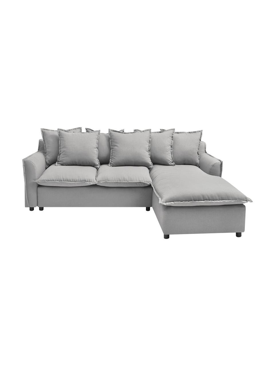 Divano letto angolare in tessuto grigio chiaro con contenitore Mona, Rivestimento: 100% poliestere idrorepel, Struttura: legno, truciolato, Piedini: plastica, Grigio chiaro, Larg. 230 x Prof. 170 cm