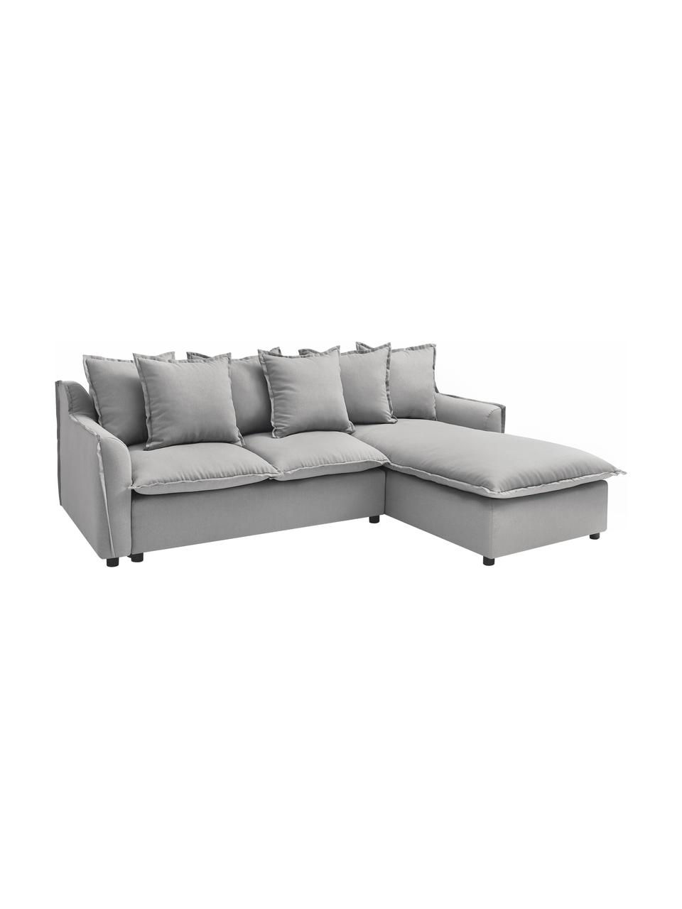 Divano letto angolare in tessuto grigio chiaro con contenitore Mona, Rivestimento: 100% poliestere idrorepel, Struttura: legno, truciolato, Piedini: plastica, Grigio chiaro, Larg. 230 x Prof. 170 cm