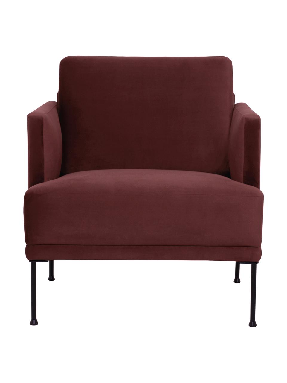 Fluwelen fauteuil Fluente in roodbruin met metalen poten, Bekleding: fluweel (hoogwaardig poly, Frame: massief grenenhout, Poten: gepoedercoat metaal, Bordeauxrood, B 74 x D 85 cm