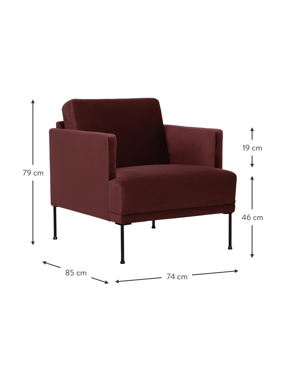 Fluwelen fauteuil Fluente in roodbruin met metalen poten, Bekleding: fluweel (hoogwaardig poly, Frame: massief grenenhout, Poten: gepoedercoat metaal, Bordeauxrood, B 74 x D 85 cm