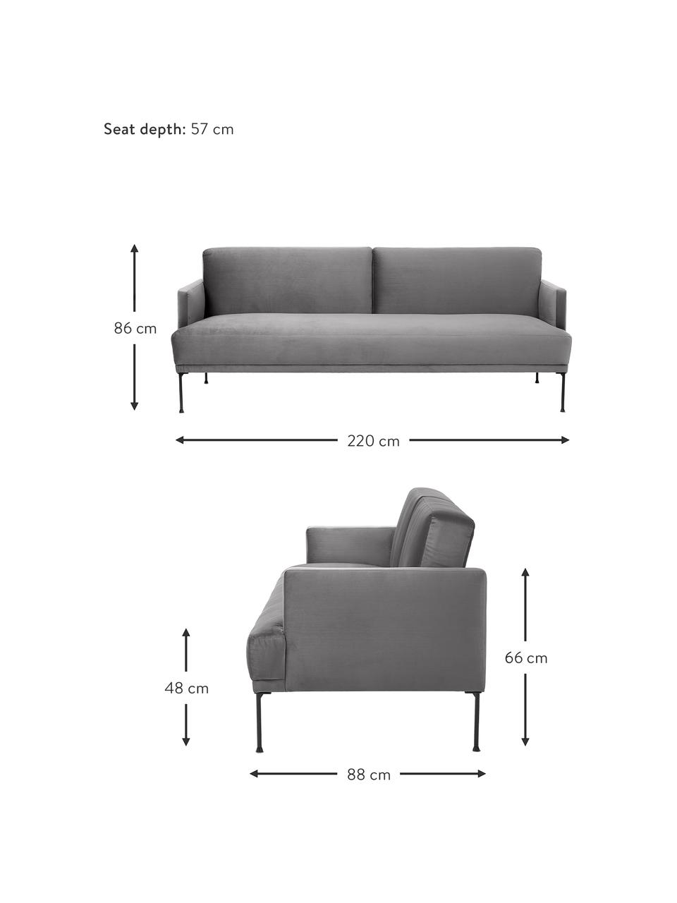 Sofa rozkładana z aksamitu z metalowymi nogami Fluente (3-osobowa), Tapicerka: aksamit (wysokiej jakości, Stelaż: lite drewno sosnowe z cer, Nogi: metal malowany proszkowo, Jasnoszary aksamit, S 220 x W 86 cm
