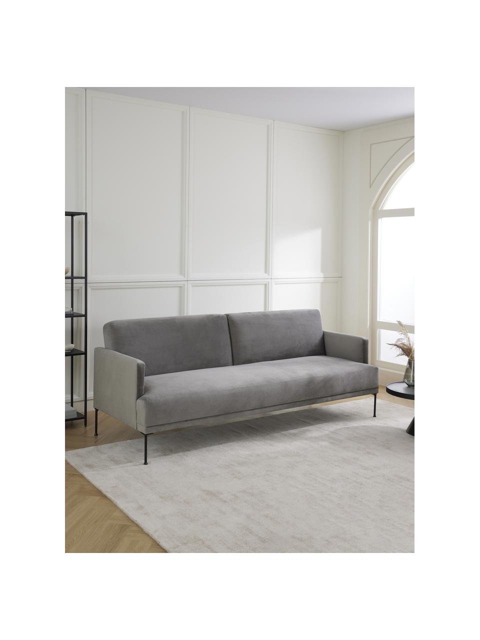 Sofa rozkładana z aksamitu z metalowymi nogami Fluente (3-osobowa), Tapicerka: aksamit (wysokiej jakości, Stelaż: lite drewno sosnowe z cer, Nogi: metal malowany proszkowo, Jasnoszary aksamit, S 220 x W 86 cm