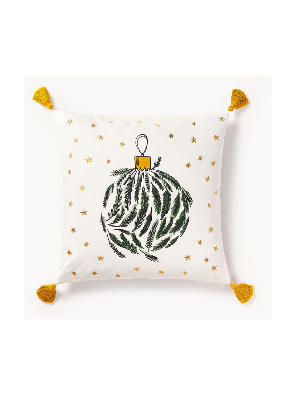 Housse de coussin en coton au design Starry de Kera Till, Blanc cassé, vert foncé, jaune soleil, larg. 50 x long. 50 cm