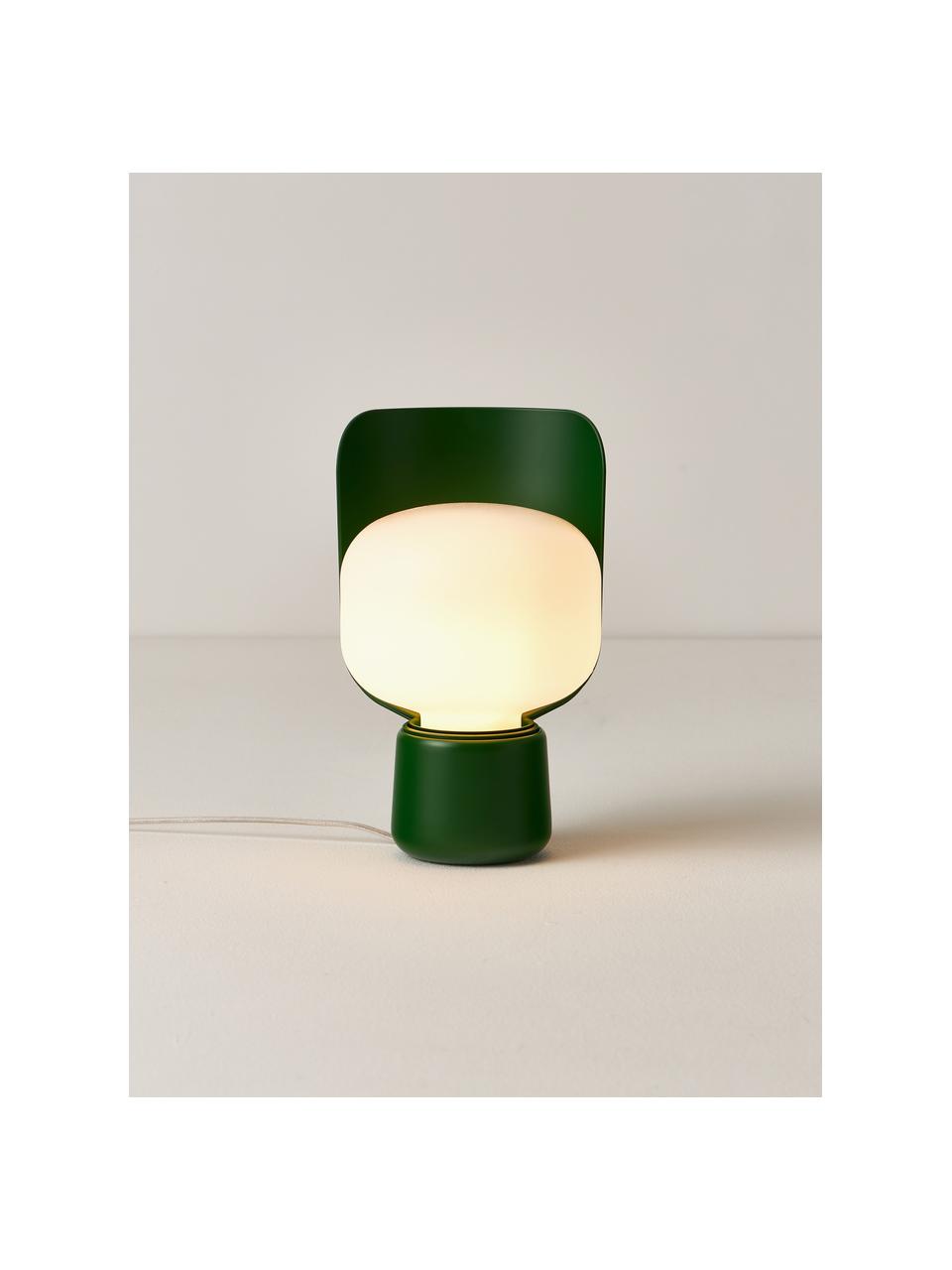 Lámpara de mesa artesanal pequeña Blom, Pantalla: plástico, Estructura: metal recubierto, Cable: plástico, Blanco, verde oscuro, Ø 15 x Al 24 cm