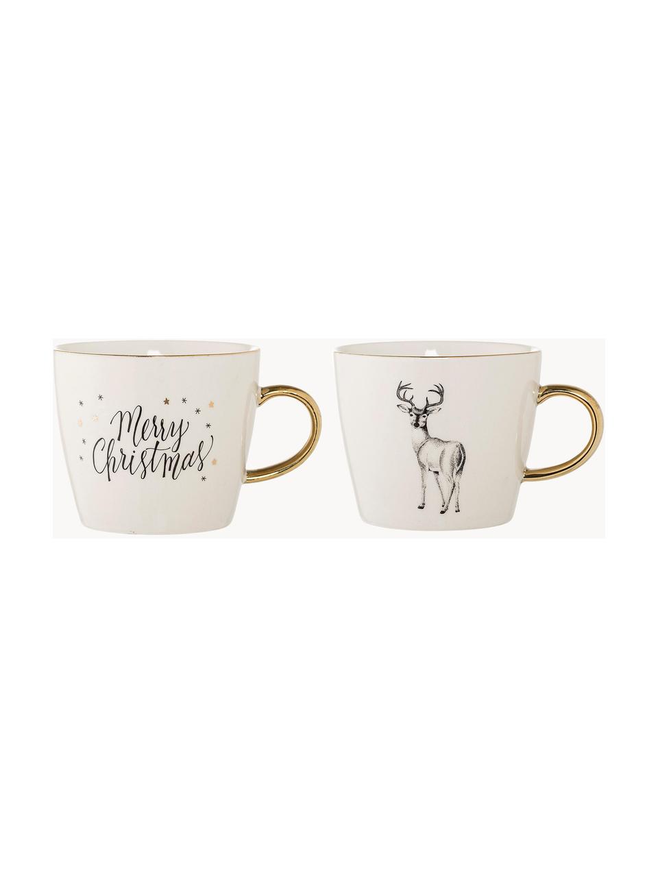 Tasses à café en grès pour hiver Noel, 2 élém., Grès cérame, Blanc, noir, couleur dorée, Ø 10 x haut. 8 cm, 300 ml