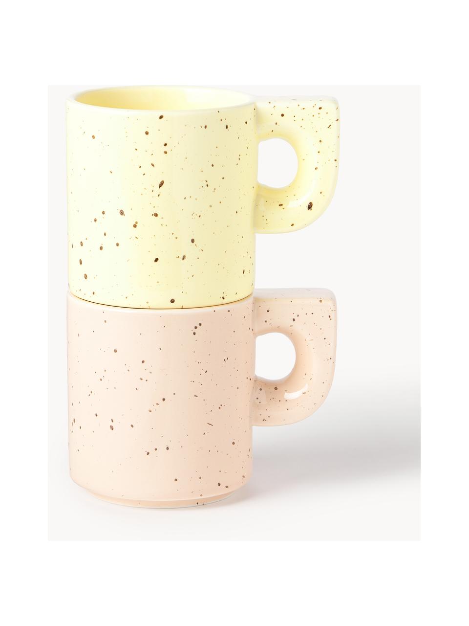 Tazas artesanales de porcelana Aiko, 2 uds., Porcelana, Melocotón, amarillo claro moteado, Ø 9 x Al 10 cm, 320 ml