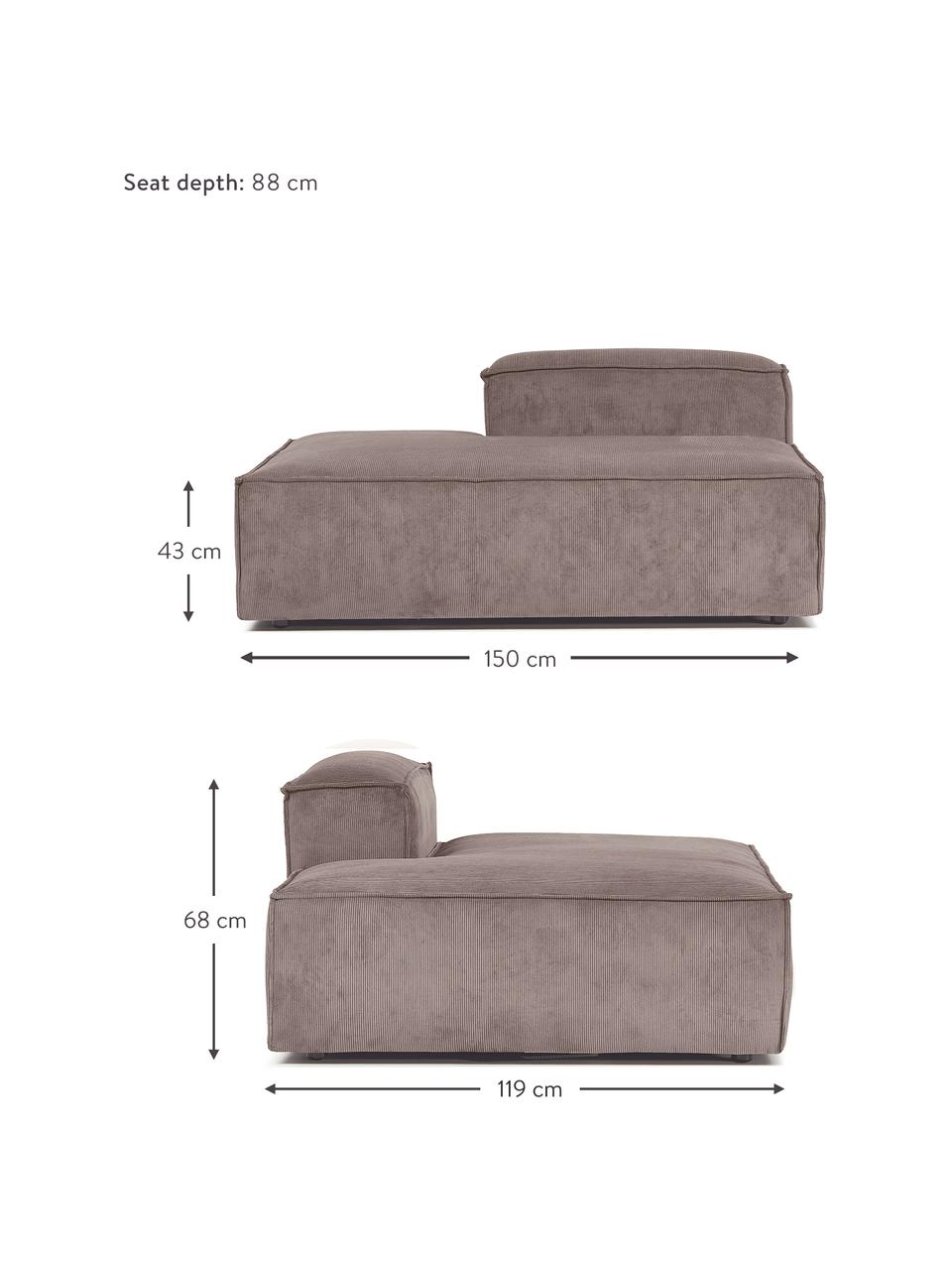 Modulo-Chaise longue in velluto a coste Lennon, Rivestimento: velluto a coste (92% poli, Struttura: legno di pino massiccio, , Piedini: plastica, Velluto a coste marrone, Larg. 150 x Alt. 68 cm, schienale a destra