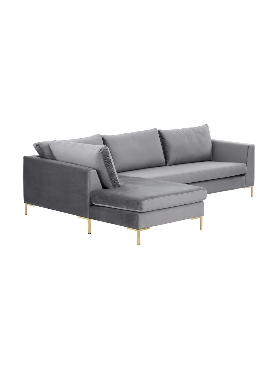 Sofa narożna z aksamitu z metalowymi nogami Luna, Tapicerka: aksamit (poliester) Dzięk, Nogi: metal galwanizowany, Ciemnoszary aksamit, złoty, S 280 x G 184 cm, lewostronna