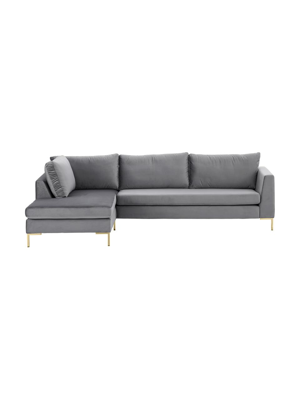 Fluwelen hoekbank Luna in donkergrijs met metalen poten, Bekleding: fluweel (polyester) De sl, Frame: massief beukenhout, Poten: gegalvaniseerd metaal, Fluweel donkergrijs,goudkleurig, B 280 x D 184 cm, hoekdeel links