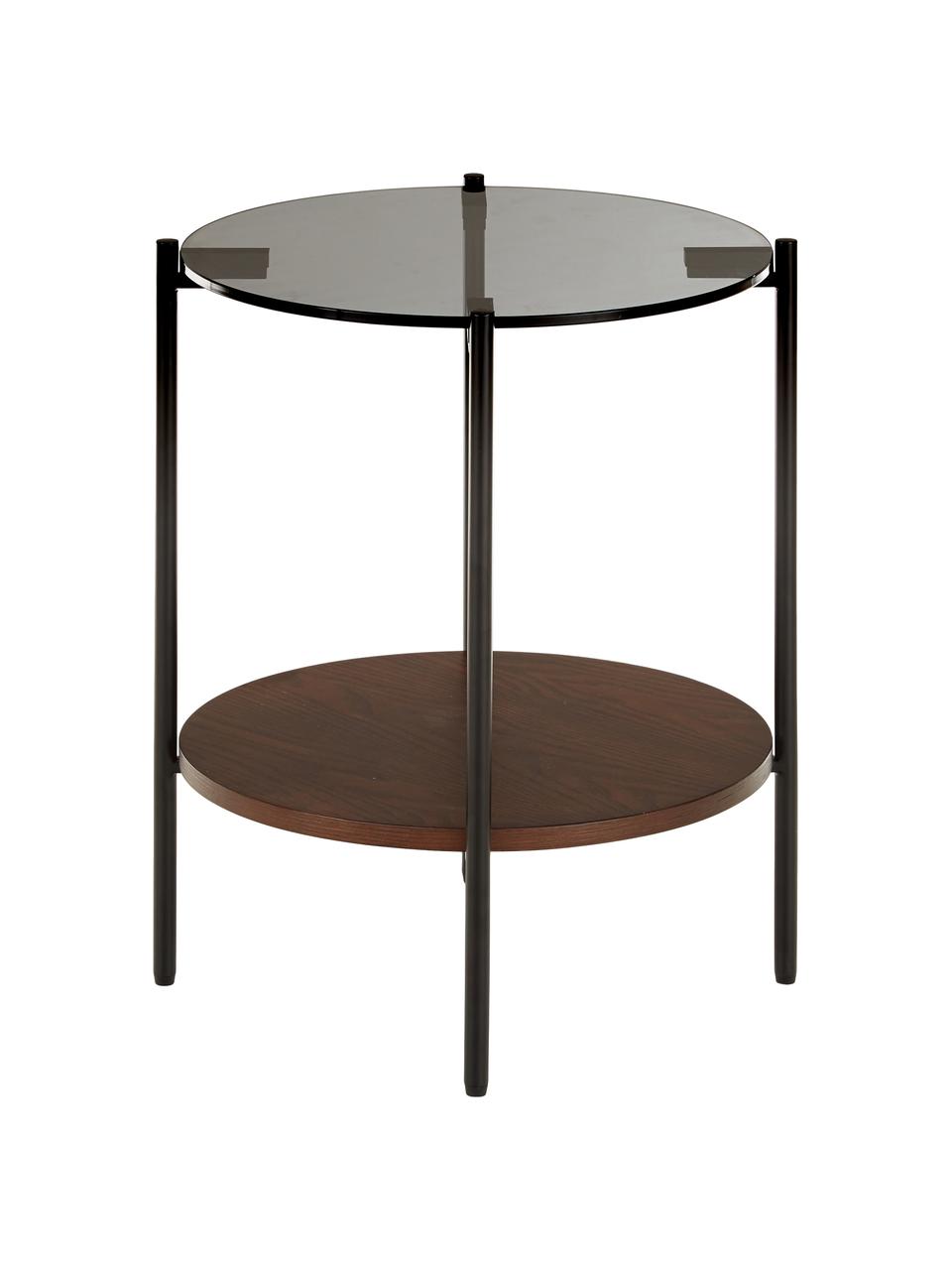 Beistelltisch Valentina mit Glasplatte, Tischplatte: Glas, Ablagefläche: Mitteldichte Holzfaserpla, Gestell: Metall, pulverbeschichtet, Eschenholz, Ø 44 x H 50 cm