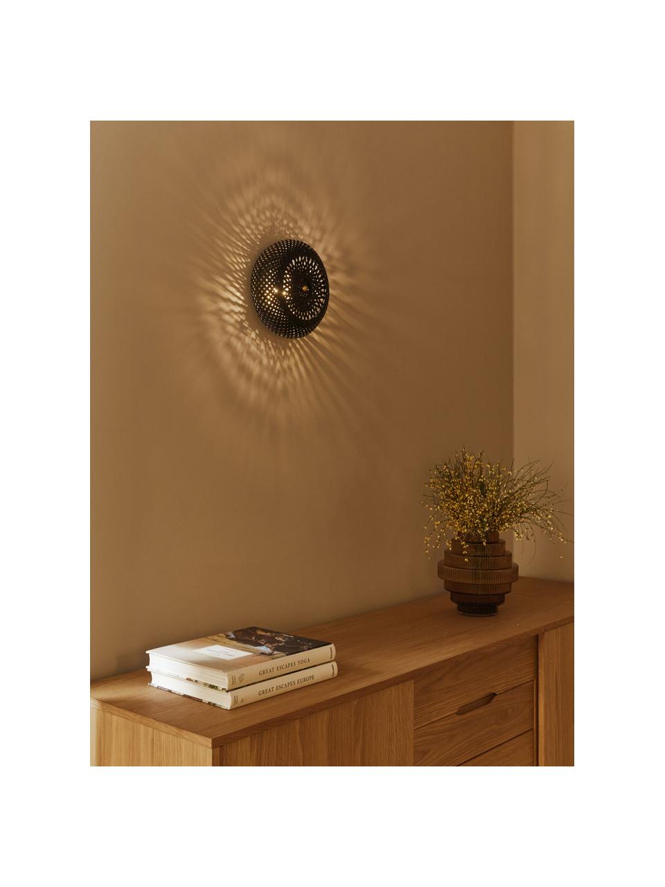 Design wandlamp Evelyn van bamboehout, zwart, Lampenkap: bamboe, Zwart, goudkleurig, Ø 25 cm, D 10 cm