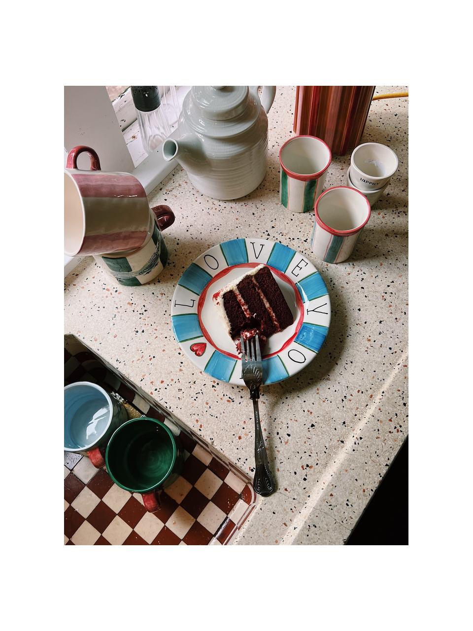 Handbemalter Frühstücksteller Love Story, Keramik, Blau, Bunt, Ø 22 cm