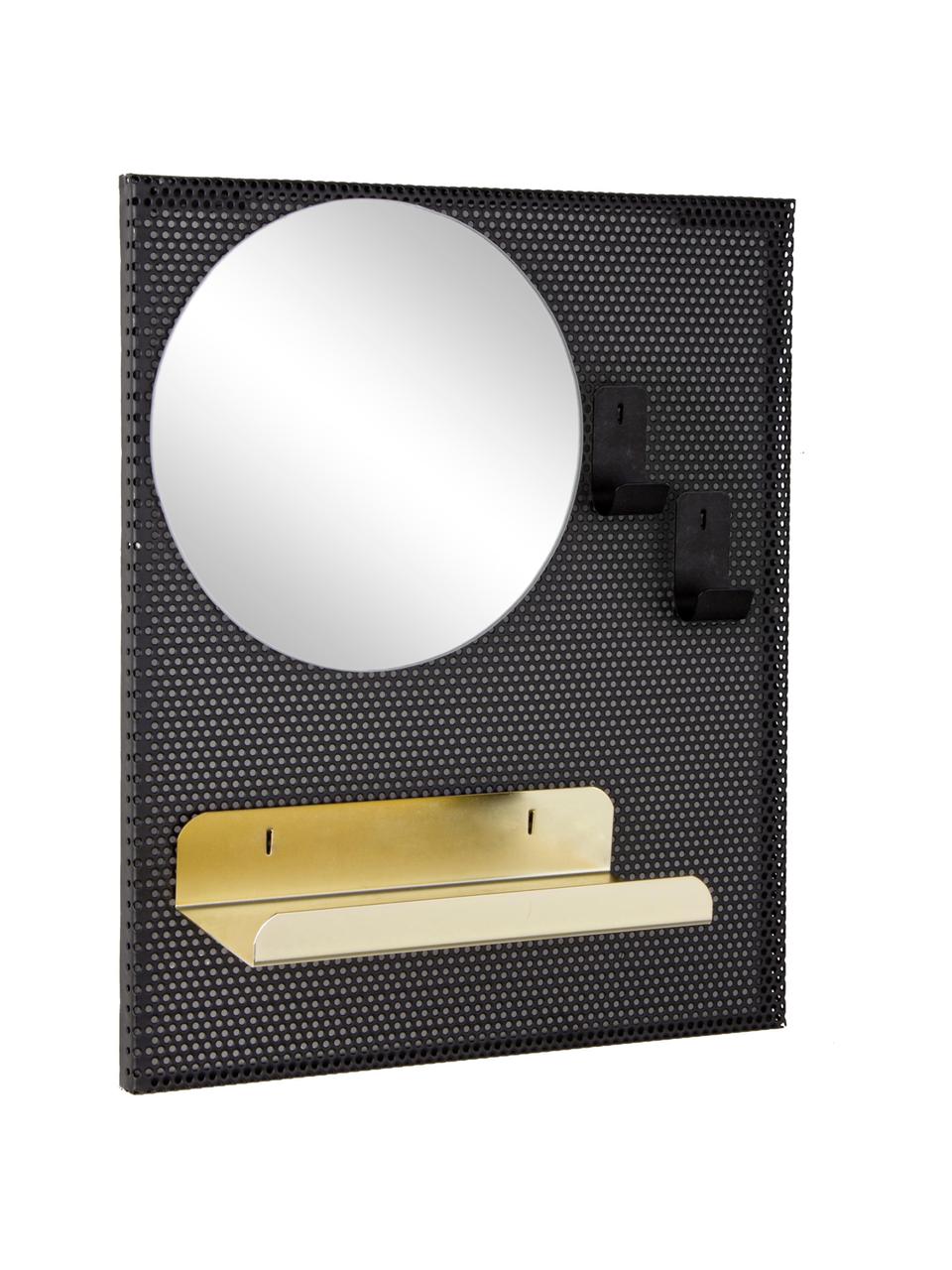Nástenné zrkadlo s kovovým rámom a policou Metric, Čierna, odtiene zlatej