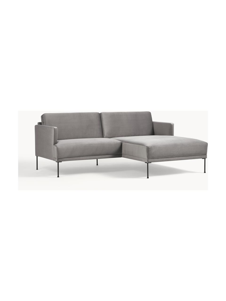 Sofa narożna z aksamitu Fluente, Tapicerka: aksamit (100% poliester) , Stelaż: lite drewno sosnowe, skle, Nogi: metal malowany proszkowo , Szary aksamit, S 198 x G 152 cm, prawostronna