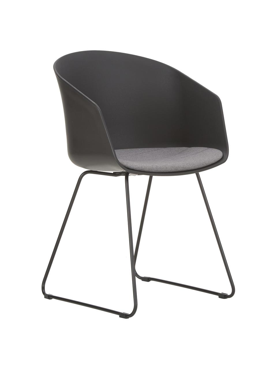 Kunststoff-Armlehnstühle Bogart mit Sitzkissen, 2 Stück, Sitzschale: Kunststoff, Bezug: Polyester, Beine: Metall, lackiert, Schwarz, B 51 x T 52 cm