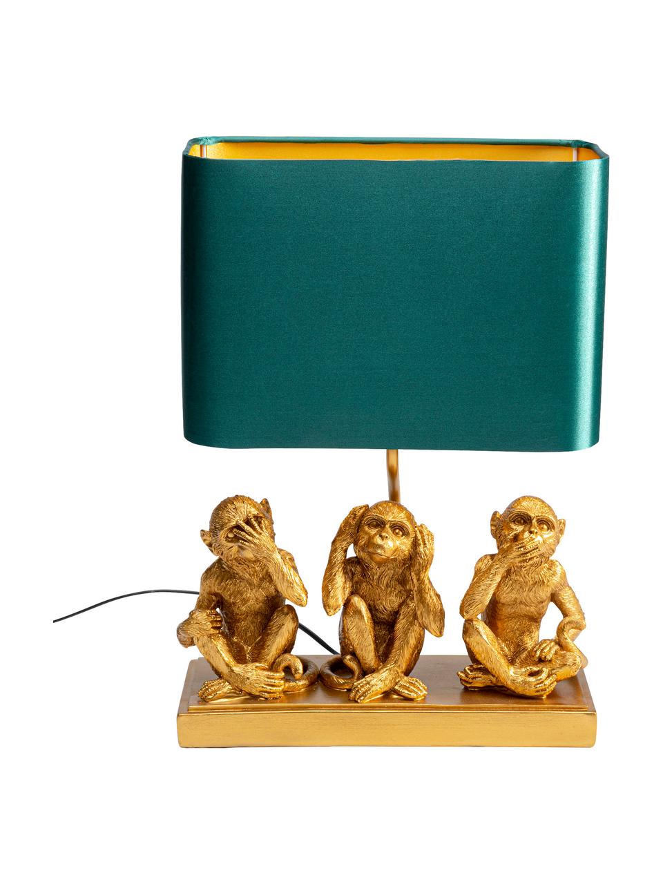 Lámpara de mesa Animal Three Monkey, Pantalla: tela, Cable: plástico, Dorado, verde, An 34 x Al 45 cm