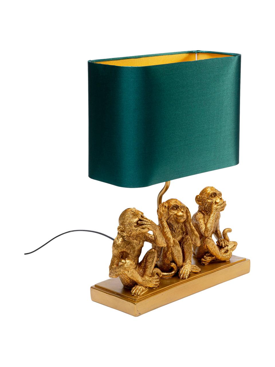 Lampada da tavolo Animal Three Monkey, Paralume: tessuto, Base della lampada: poliresina, Dorato, verde, Larg. 34 x Alt. 45 cm
