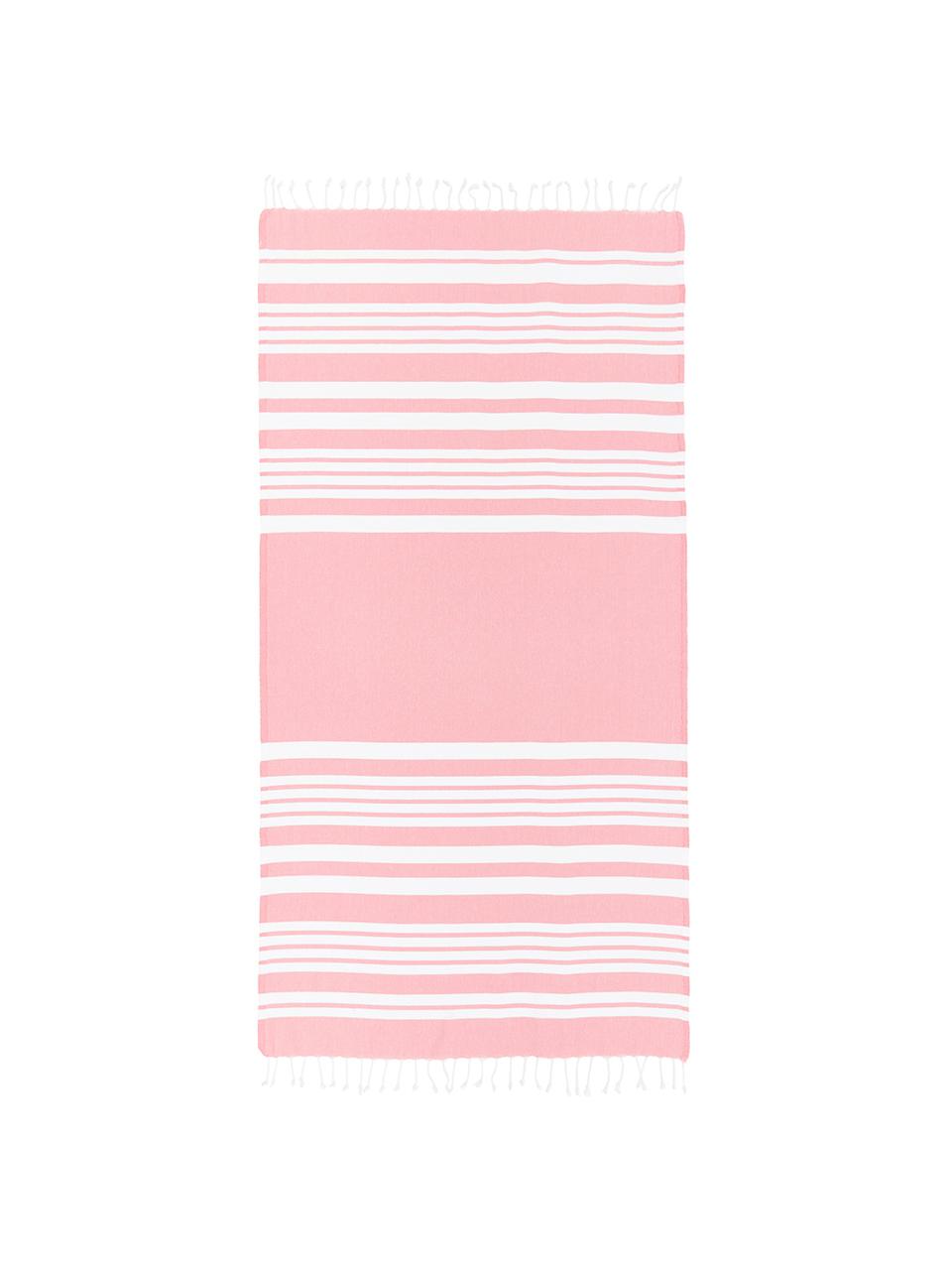 Fouta con flecos Stripy, Algodón
Gramaje ligero 185 g/m², Rosa, blanco, An 95 x L 175 cm