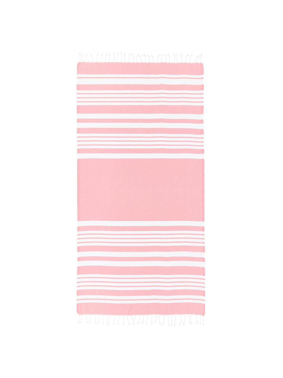 Gestreiftes Hamamtuch Stripy mit Fransenabschluss, 100% Baumwolle
Sehr leichte Qualität, 185 g/m², Pink, Weiß, 95 x 175 cm