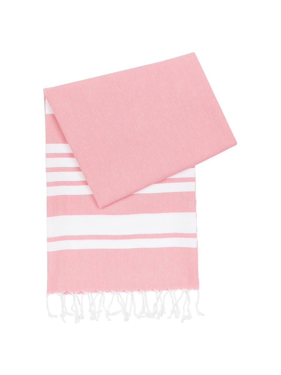 Fouta à rayures avec finition frangée Stripy, Rose, blanc