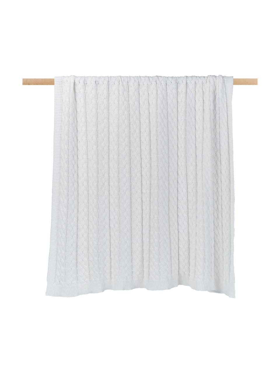 Plaid tricoté blanc Caleb, 100 % coton peigné, Blanc, larg. 130 x long. 170 cm