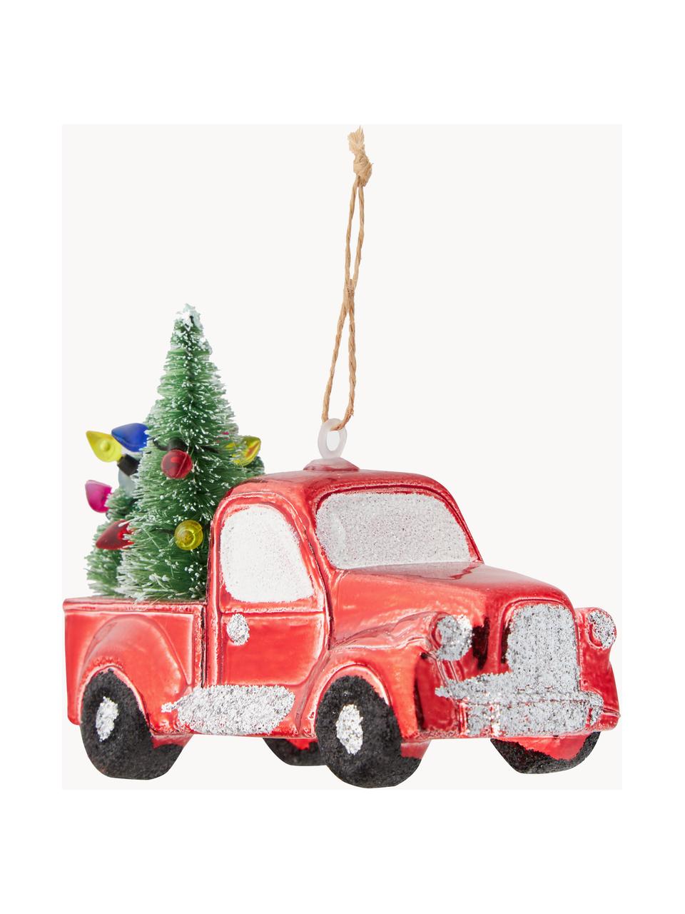 Décorations de sapin de Noël incassables Truck, 2 pièces, Plastique, Rouge, blanc, vert, larg. 12 x haut. 9 cm