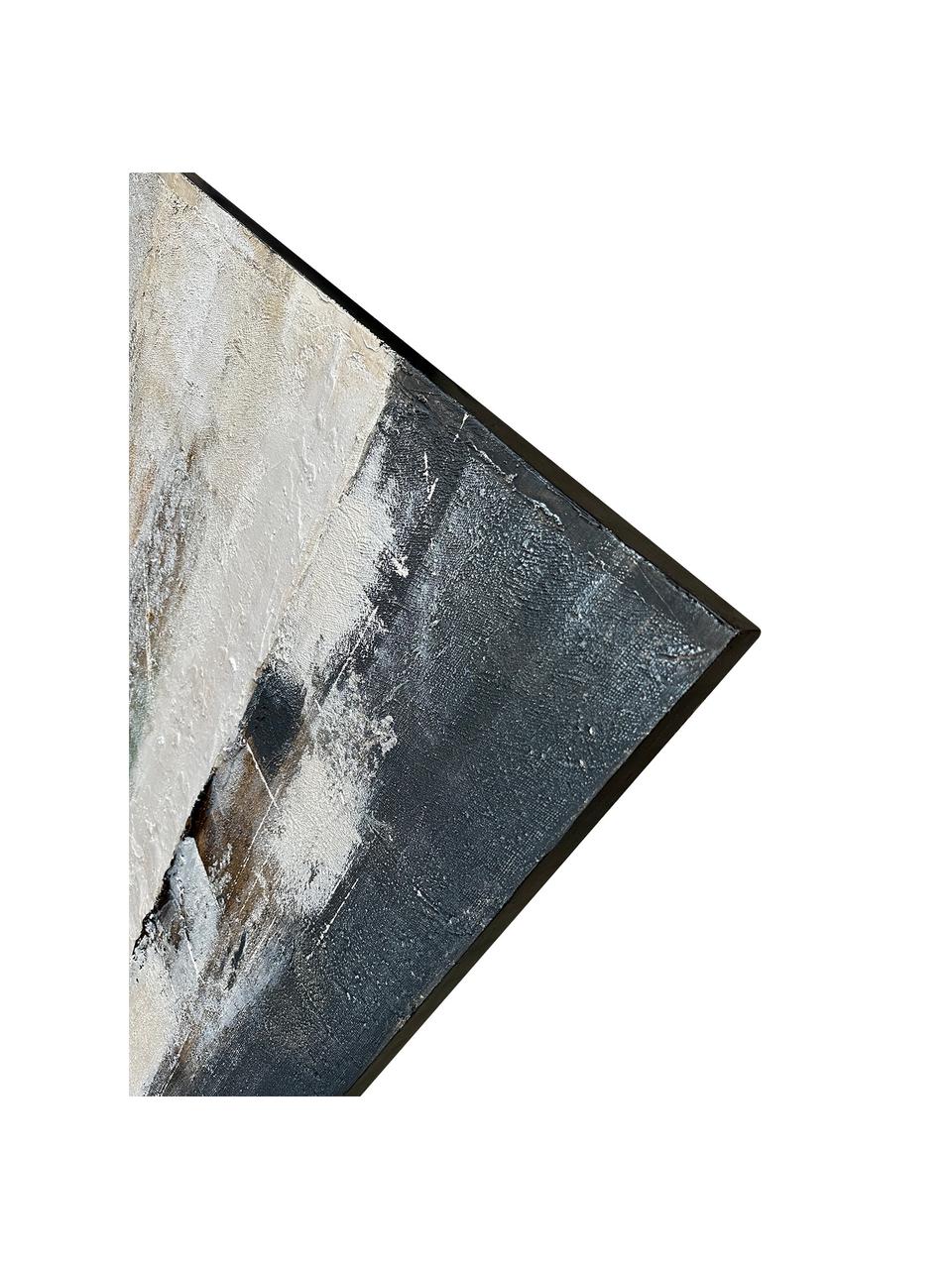 Handbeschilderde canvas Wide Open, Donkerblauw, greige, gebroken wit, B 150 x H 120 cm