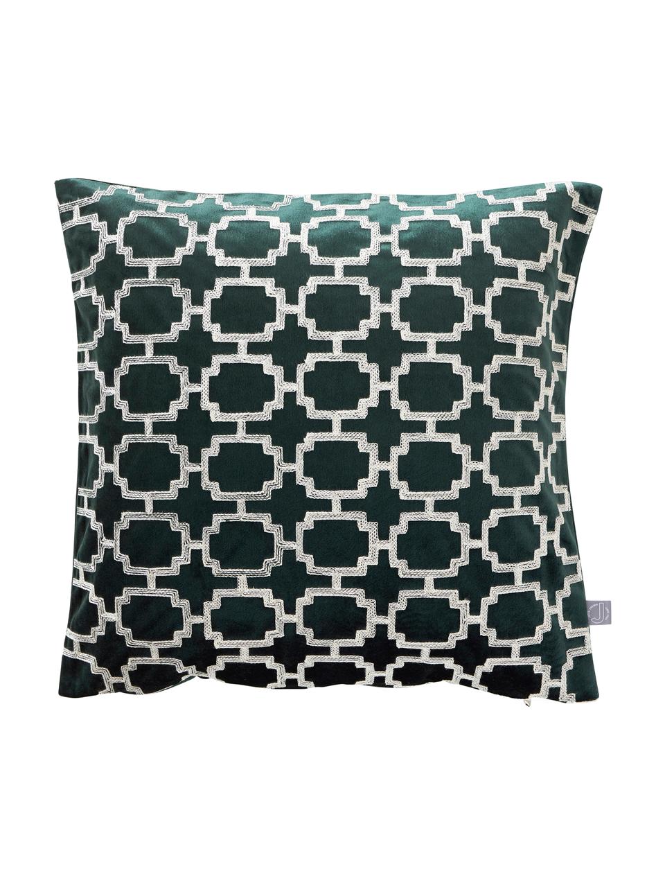 Housse de coussin 45x45 velours brodé Simone, Vert foncé, blanc cassé