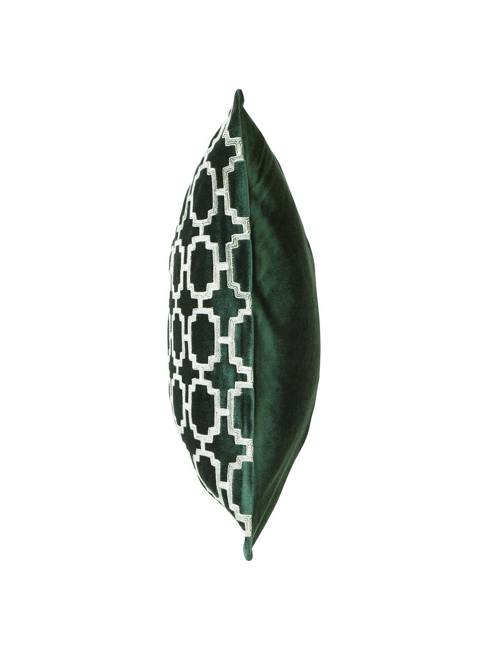 Funda de cojín bordada de terciopelo Simone, 100% terciopelo de poliéster, Verde oscuro, blanco crudo, An 43 x L 43 cm