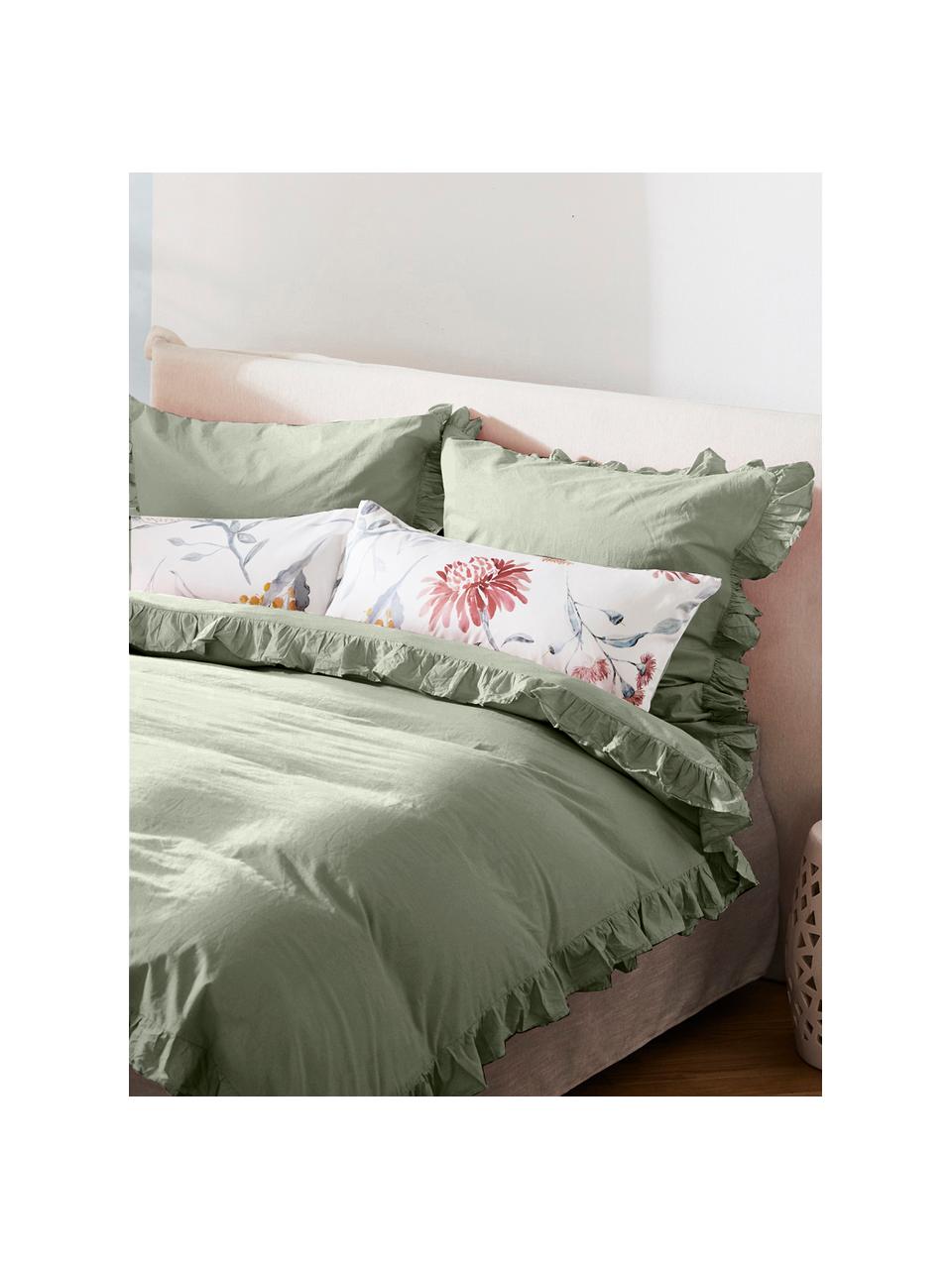 Poszewka na poduszkę z bawełny z efektem sprania i falbanką Florence, 2 szt., Zielony, S 40 x D 80 cm