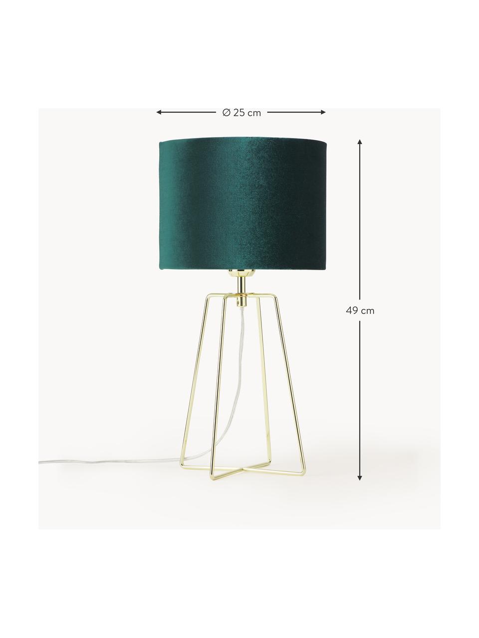 Sametová stolní lampa Karolina, Tmavě zelená, mosazná, Ø 25 cm, V 49 cm