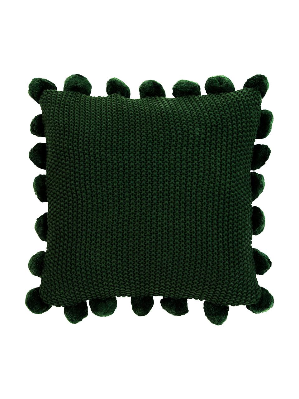 Federa arredo a maglia color verde scuro con pompon Molly, 100% cotone, Verde scuro, Larg. 40 x Lung. 40 cm