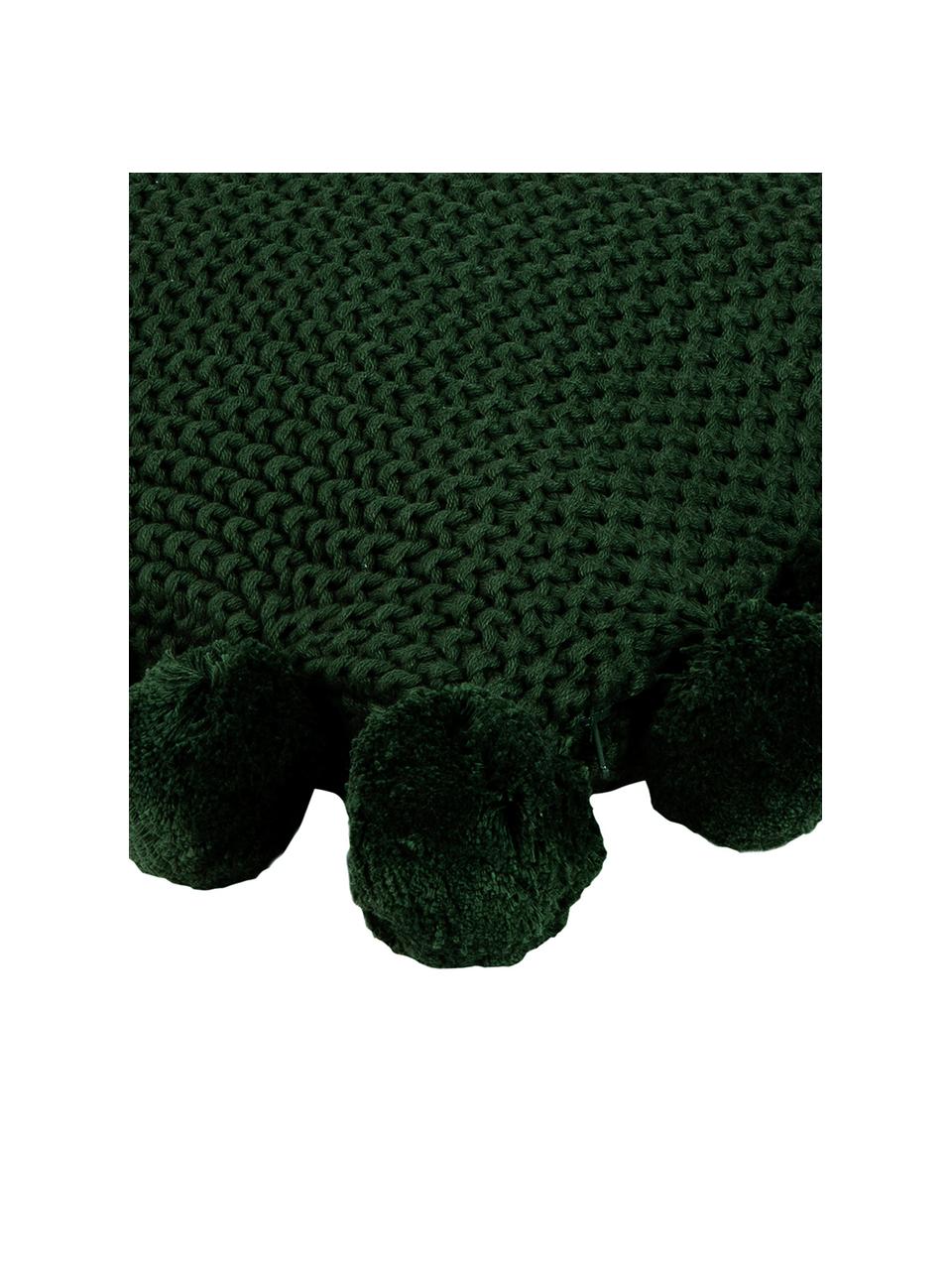 Federa arredo a maglia color verde scuro con pompon Molly, 100% cotone, Verde scuro, Larg. 40 x Lung. 40 cm