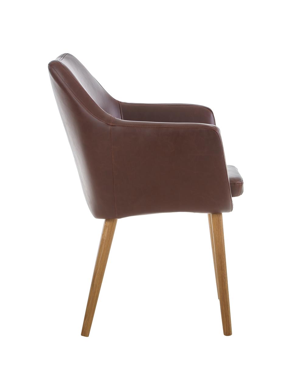 Sedia in similpelle con braccioli Nora, Rivestimento: pelle ecologica (poliuret, Gambe: legno di quercia, Similpelle marrone, gambe marrone scuro, Larg. 56 x Prof. 55 cm