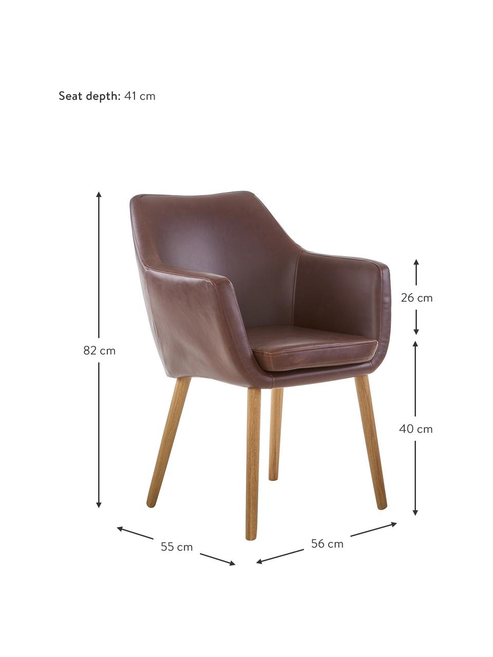 Sedia in similpelle con braccioli Nora, Rivestimento: pelle ecologica (poliuret, Gambe: legno di quercia, Similpelle marrone, gambe marrone scuro, Larg. 56 x Prof. 55 cm