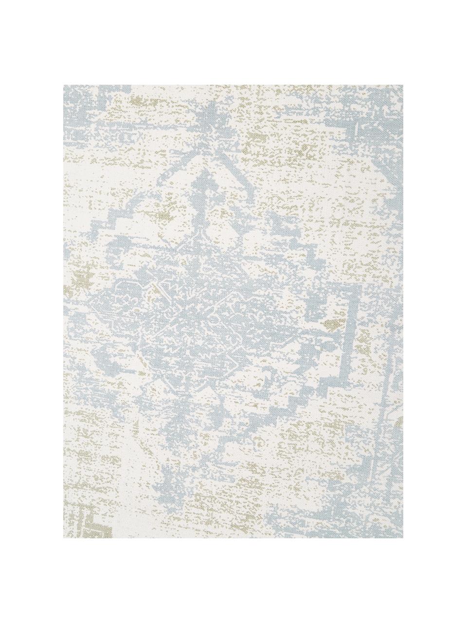 Handgeweven katoenen vloerkleed Jasmine in beige/blauw in vintage stijl, Blauwe en witte tinten, B 70 x L 140 cm (maat XS)