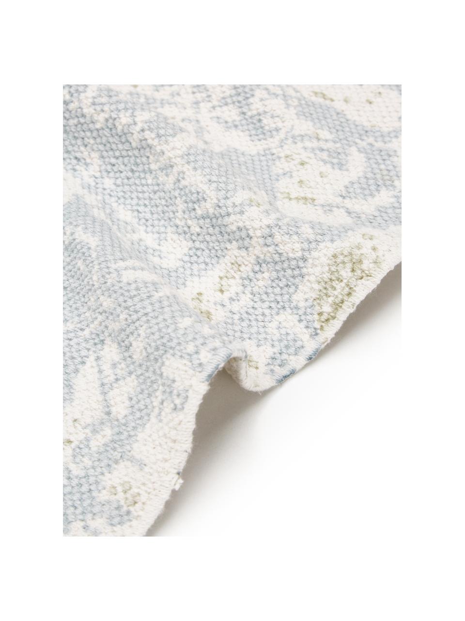 Tapis fin en coton beige-bleu vintage tissé main Jasmine, Tons bleus et blancs, larg. 70 x long. 140 cm (taille XS)