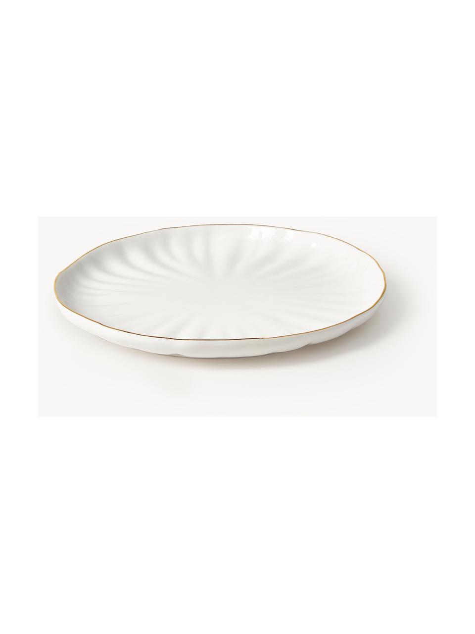 Platos llanos con relieves Sali, 2 uds., Porcelana esmaltado, Blanco con borde dorado, Ø 26 cm